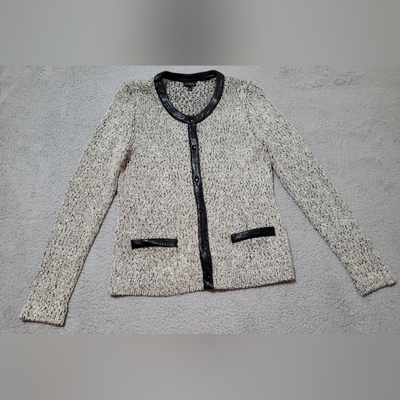 Talbots Black and Silver Button Up Cardigan Jacket Black Faux Leather Trim XS - Picture 10 of 11